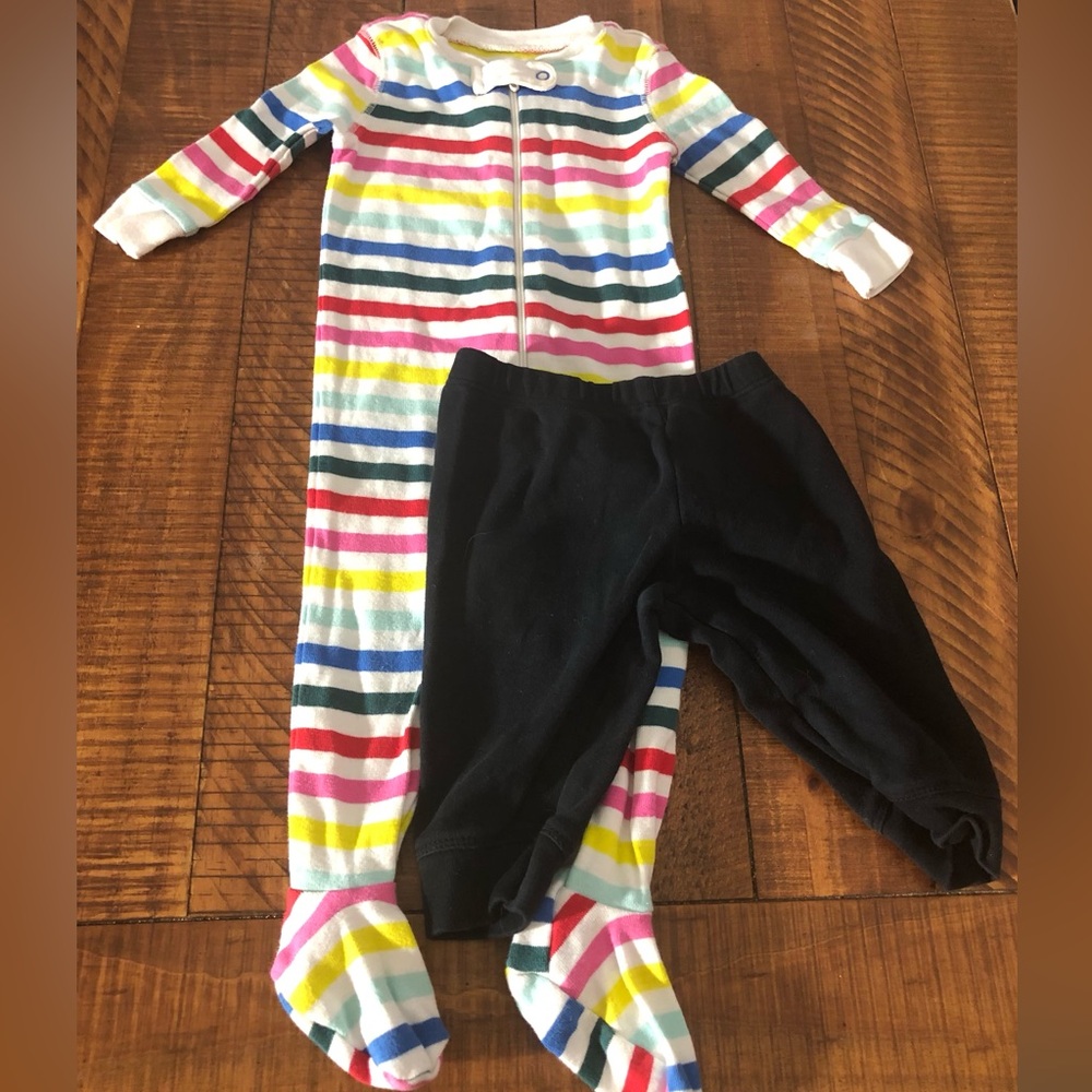 Primary Rainbow Footie Pajamas + Black Leggings - Size 3-6 months